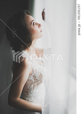 Gorgeous bride in robe posing and preparing for the wedding ceremony face in a room 48108197