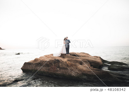 Elegant stylish happy wedding couple, bride, gorgeous groom on the background of sea and sky Elegant stylish happy wedding couple, bride, gorgeous groom on the background of sea and sky 48108342