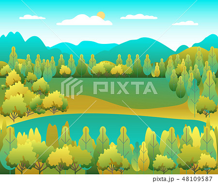Hills landscape in flat style design. Valley lake 48109587