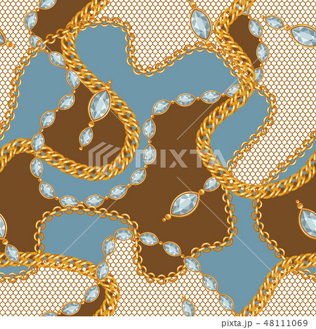 Seamless pattern with golden chains and lace. 48111069