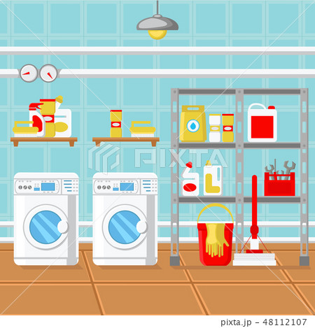 Laundry Room Flat Design Vector Illustration Laundry Room Flat Design Vector Illustration 48112107