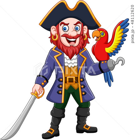 Cartoon Pirate Captain And Macaw Birdのイラスト素材