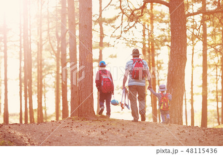 Father and boys going camping with tent in nature Father and boys going camping with tent in nature 48115436