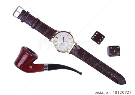 Men's accessories for business and rekreation. Watch, smoking pipe and dice isolated on white Men's accessories for business and rekreation. Watch, smoking pipe and dice isolated on white 48120727