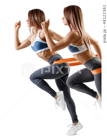 Collage of sporty woman using a resistance band for sport. Collage of sporty woman using a resistance band for sport. 48122361