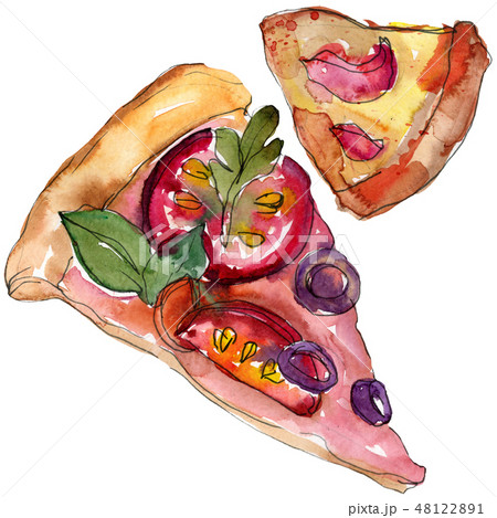 Fast food itallian pizza in a watercolor style set. Aquarelle food illustration for background Fast food itallian pizza in a watercolor style set. Aquarelle food illustration for background 48122891