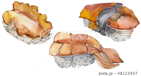 Watercolor sushi set of beautiful tasty japanese food illustration. Hand drawn objects isolated on Watercolor sushi set of beautiful tasty japanese food illustration. Hand drawn objects isolated on 48122937