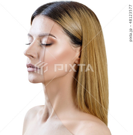 Young woman before and after skin treatment and makeup. Young woman before and after skin treatment and makeup. 48123577