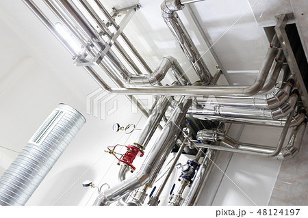 System of aluminum pipes at the food industry plant System of aluminum pipes at the food industry plant 48124197