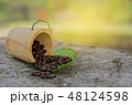 Roasted coffee beans that are placed in a wooden b 48124598