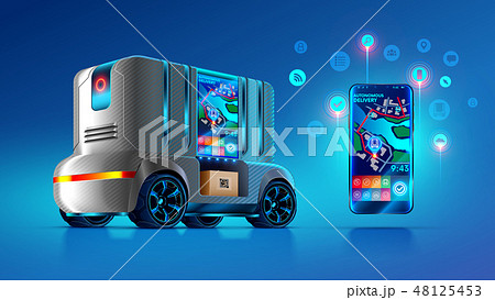 Autonomous driverless van delivers and ships parcels in specified location on map city. Smartphone Autonomous driverless van delivers and ships parcels in specified location on map city. Smartphone 48125453