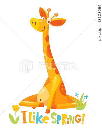 Vector cute funny giraffe character with flowers and spring 48128664