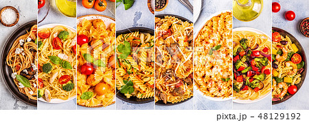 Collage of various pasta dishes. 48129192