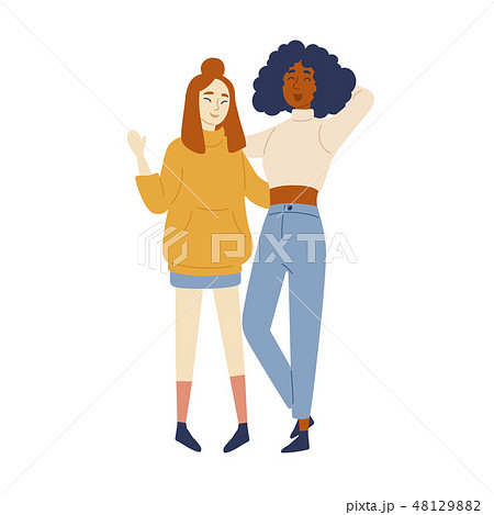 Black and asian women friends. Full lenght portarait of two beautiful girls posing and looking at 48129882