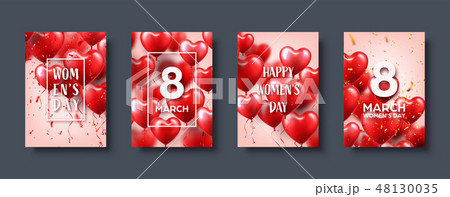 Women's day background with red balloons, heart shape.Confetti and ribbon. Love symbol. March 8. I 48130035