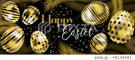 Happy Easter banner with golden eggs and palm 48130481