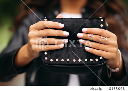 Girl with manicured nails with beautiful ornament 48133068