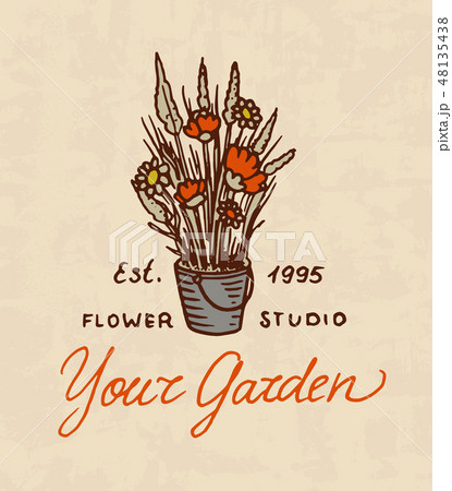 Flower shop emblem or Bright logo. Vintage bouquet. Gardening signs and beauty retro label. Hand 48135438