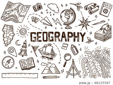 Set of geography symbols. Equipments for web banners. Vintage outline sketch for web banners. Doodle Set of geography symbols. Equipments for web banners. Vintage outline sketch for web banners. Doodle 48135597
