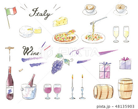 手描き水彩イラストセット　ワイン　イタリアン　 48135903