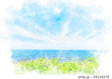 青空と海 水彩画風のイラスト素材 [48138376] - PIXTA