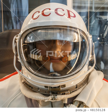 Mannequin of soviet cosmonaut or astronaut or spaceman suit and helmet, close up 48150128