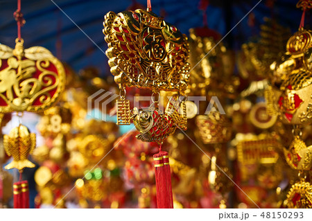 Colorful traditional asian decorations hanging in street store 48150293