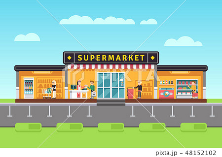 Supermarket, store, hypermarket building with shopping people and seller assistants vector 48152102