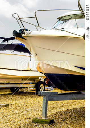 Boat on stand on the shore 48153018