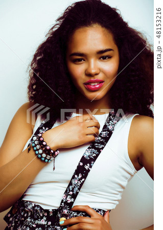 young pretty african american girl emotional posing on white background, lifestyle peopleconcept 48153216