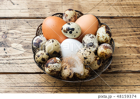 Chicken and quail eggs in a plate on a wooden Chicken and quail eggs in a plate on a wooden 48159374