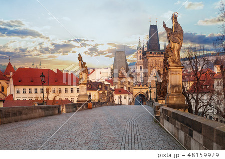 Sunset at empty Charles Bridge and Lesser Town Sunset at empty Charles Bridge and Lesser Town 48159929