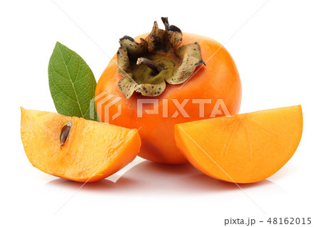 Persimmon fruit with slice and leaf isolated Persimmon fruit with slice and leaf isolated 48162015