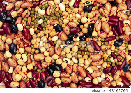 A photo of a mix of various types of legumes, shot from the top. Different beans, lentils, chickpeas 48162766
