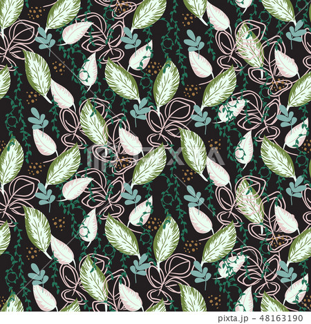 Botanical plants seamless vector pattern. Greenery repeat black print illustration. 48163190