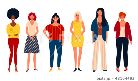 Diverse international group of standing happy women or girls. Flat cartoon characters isolated on 48164492