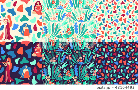 Bundle of hand drawn seamless vector patterns with beautiful female silhouettes, abstract shapes and 48164493