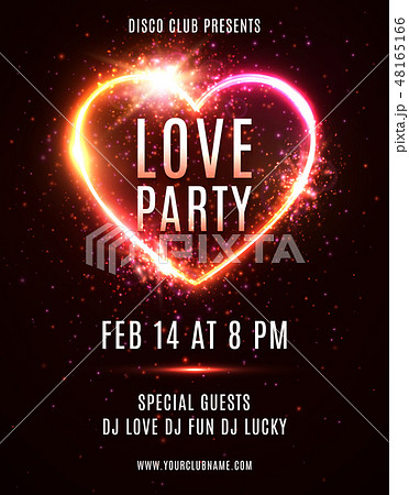 Valentines Day party poster template invitation with electric heart border on dark red background 48165166