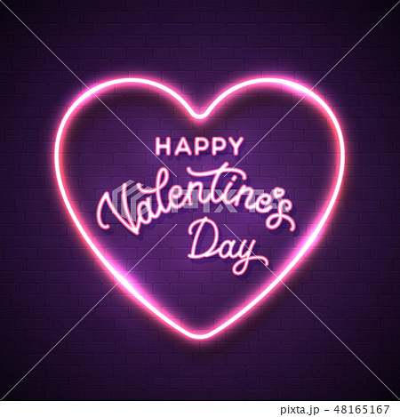 St. Valentines day background. Neon style romantic hand lettering greeting card. Glowing pink heart St. Valentines day background. Neon style romantic hand lettering greeting card. Glowing pink heart 48165167