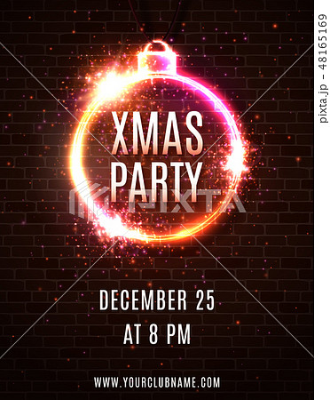 Neon lights Xmas Party poster template. Christmas decoration shape frame with particles glitter 48165169
