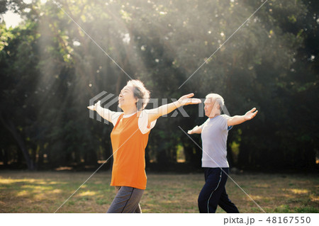 happy Senior Couple Exercising In the Park happy Senior Couple Exercising In the Park 48167550