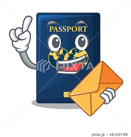 With envelope blue passport above character wooden table 48169788