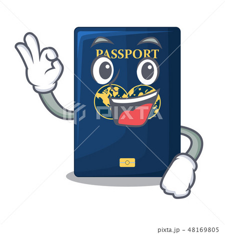 Okay blue passport above character wooden table Okay blue passport above character wooden table 48169805