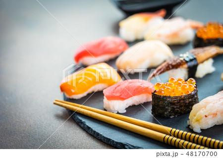 Nigiri sushi set with salmon tuna shrimp prawn eel shell and other sashimi Nigiri sushi set with salmon tuna shrimp prawn eel shell and other sashimi 48170700