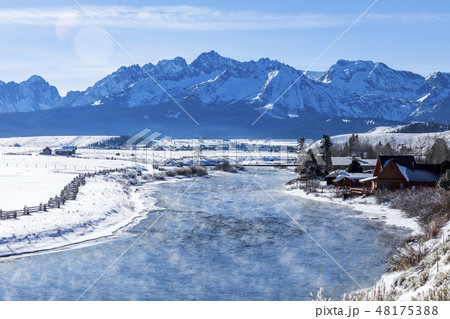 Frozen river and mountains in Stanley, Idaho 48175388