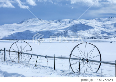 Sprinkler system on farm in winter Sprinkler system on farm in winter 48175424