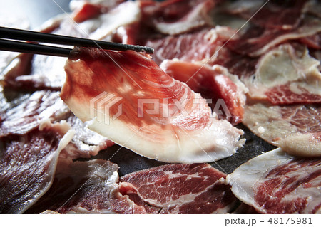 生の牛肉　薄切りしゃぶしゃぶ用　黒背景 48175981