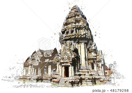 Khmer stone sanctuary in watercolor art of vector. 48179298