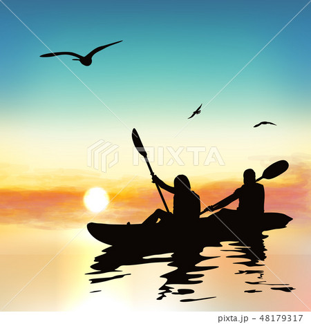 Silhouette of funny girls kayaking. 48179317