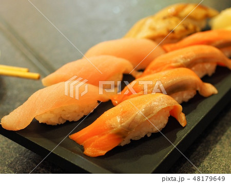 Plate of raw sushi with the various fish in Otaru 48179649
